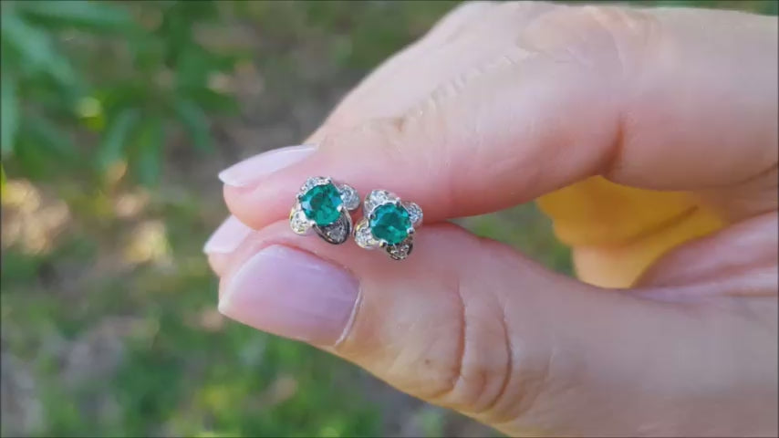 Tulip emerald stud earrings 14k white gold, push backs