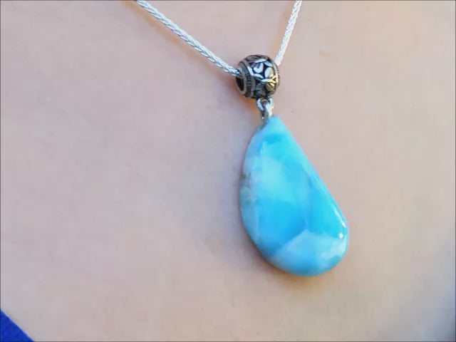Teardrop larimar pendant sterling silver necklace.