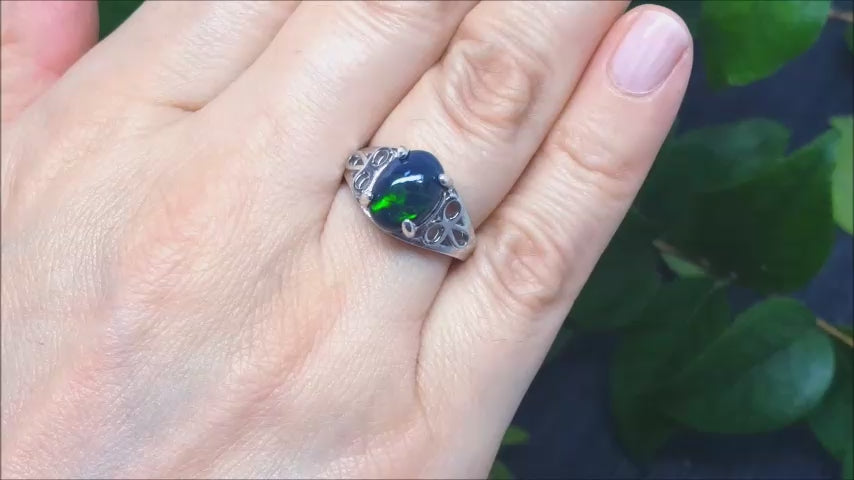 Balck Ethiopian opal sterling silver ring for women