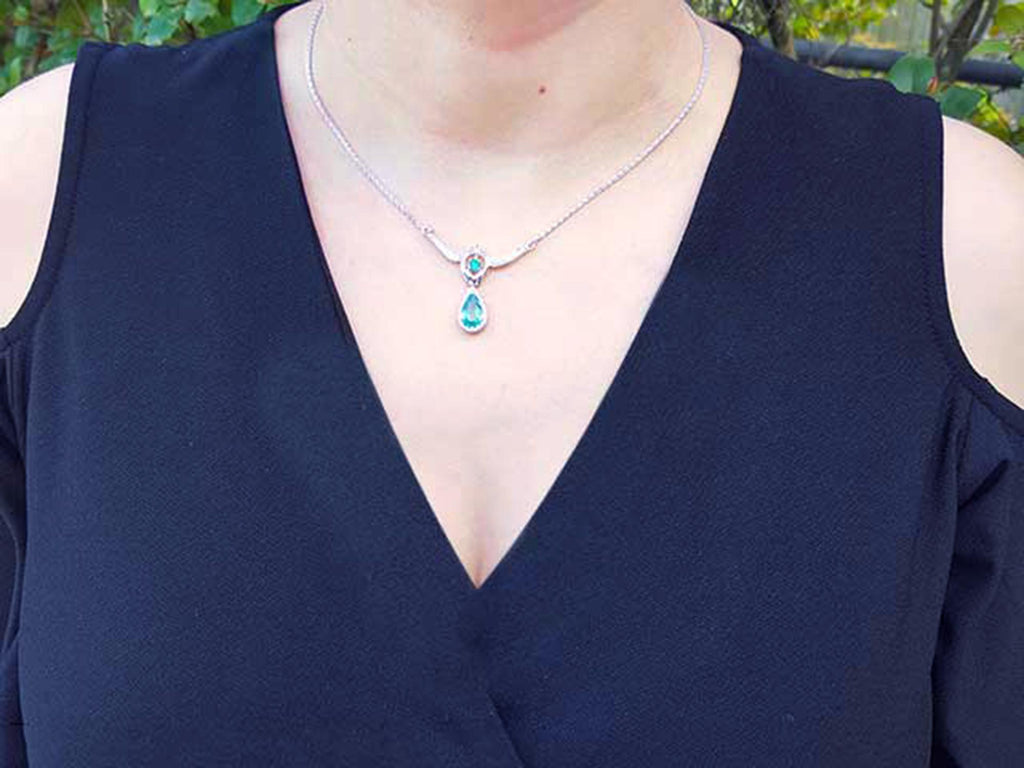 Emerald and diamond necklace May birthstone pear-shaped Muzo mine 14k white gold