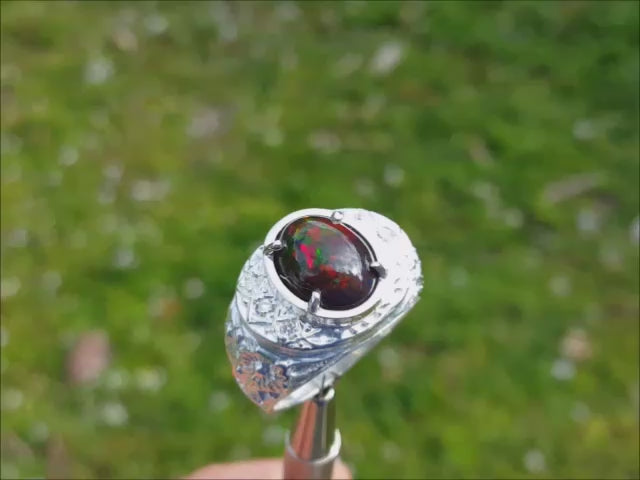 Men's black opal ring sterling silver