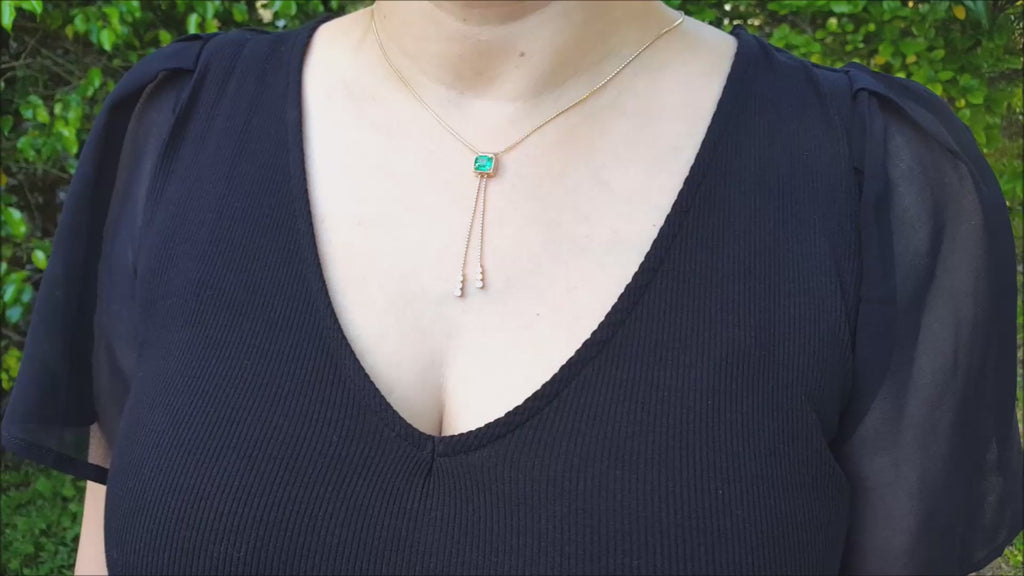 Natural Colombian emerald lariat necklace crafted in 14k yellow gold