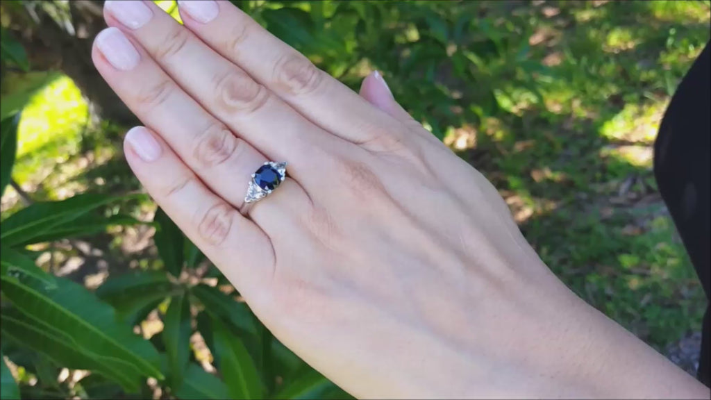 2.00 ct. Women's Cushion cut Sapphire Ring Trillion Side White Sapphires 14K Gold
