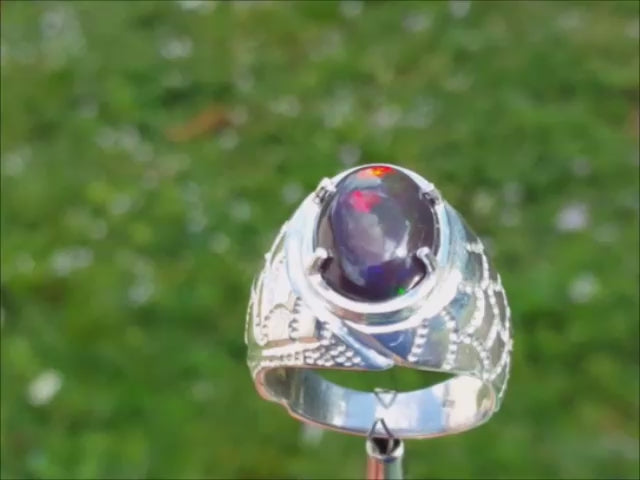 Ethiopian black opal men's silver ring
