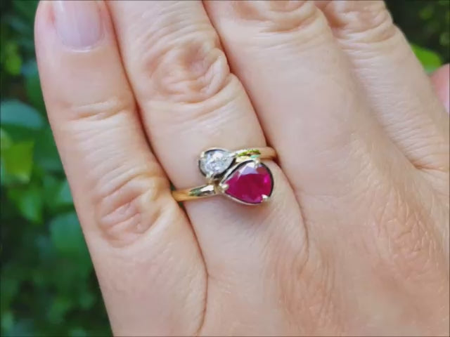 18k yellow gold bypass you and me natural ruby and diamond ring.