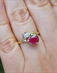 18k yellow gold bypass you and me natural ruby and diamond ring.