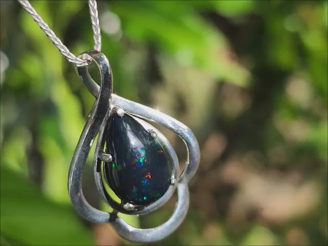 Teardrop Welo Ethiopian black opal silver pendant