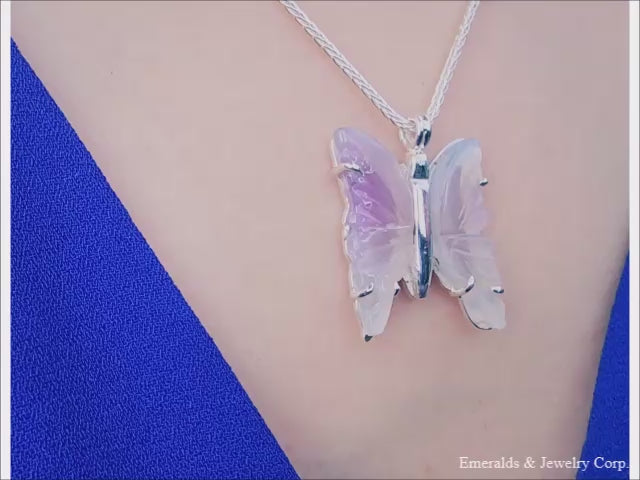 A lavender agate butterfly pendant silver necklace
