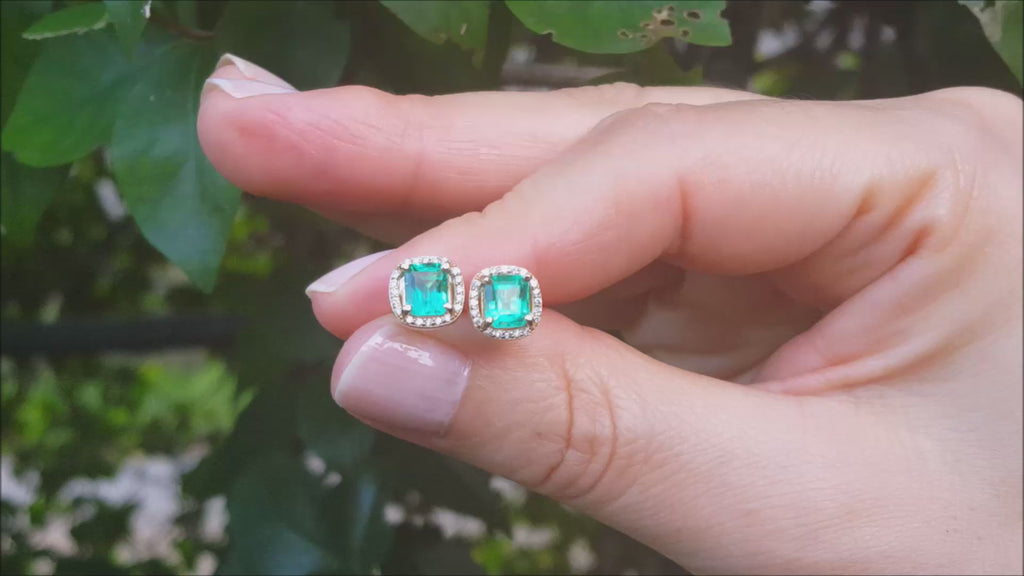 yellow gold Halo emerald stud earrings