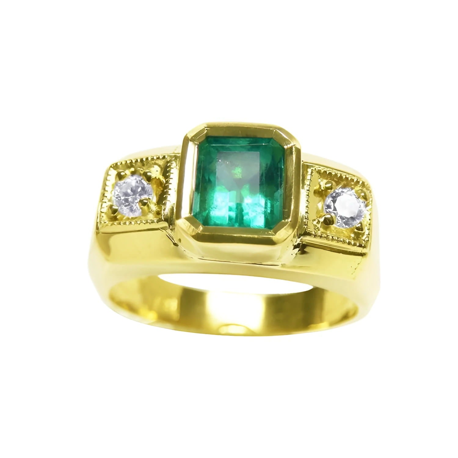 18k yellow gold ring for men with a natural colombian emerald and two side diamonds.