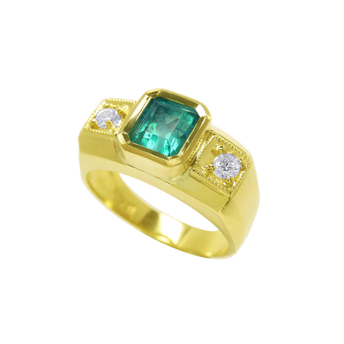 Gold ring with a genuine emerald and two diamonds on a top and sides view profile.