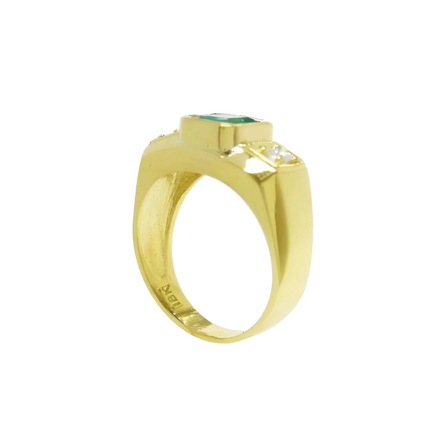 Men's 18K yellow gold ring with a bezel-set emerald and two accent diamonds.