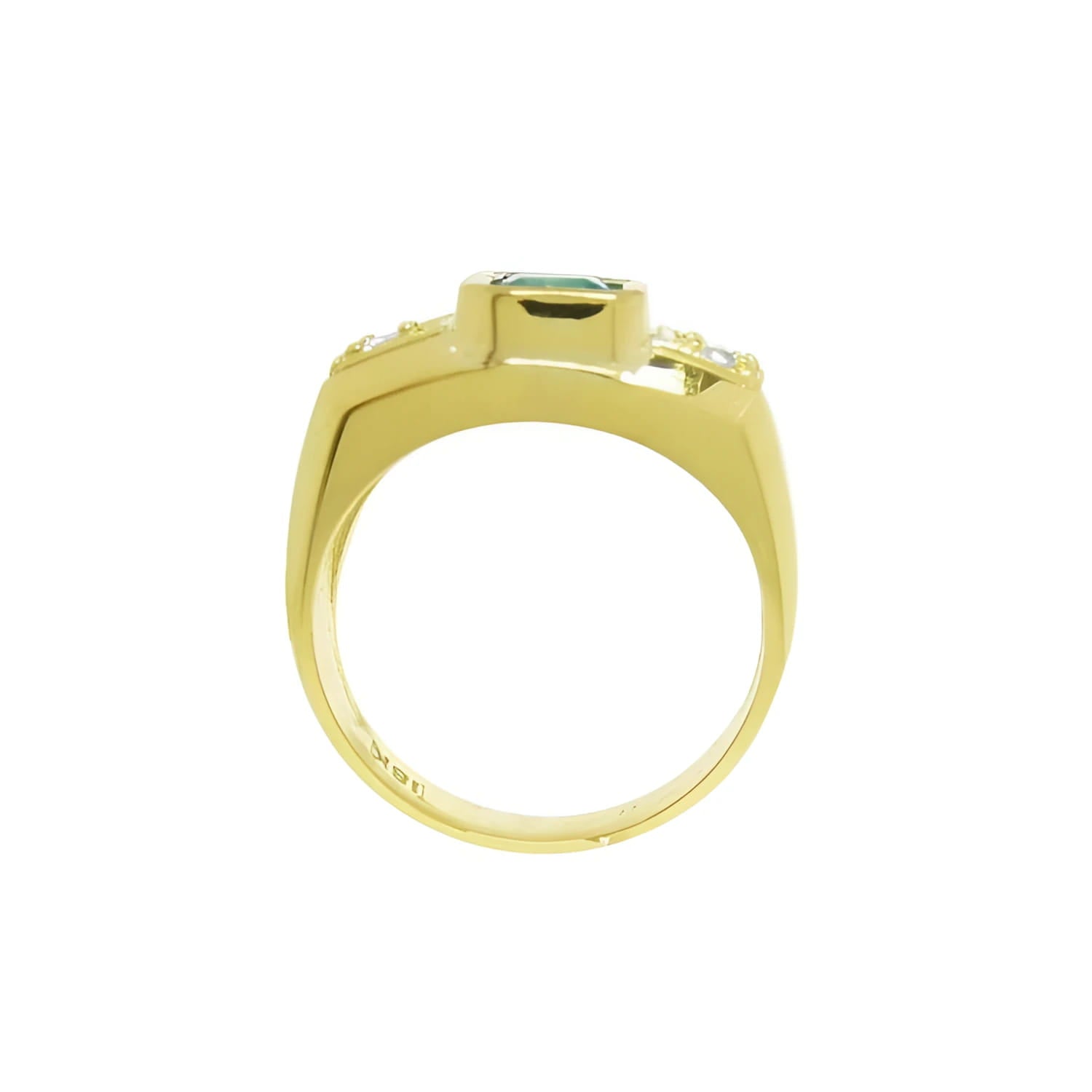 Men's 18K yellow gold ring with a bezel-set emerald and accent diamonds.