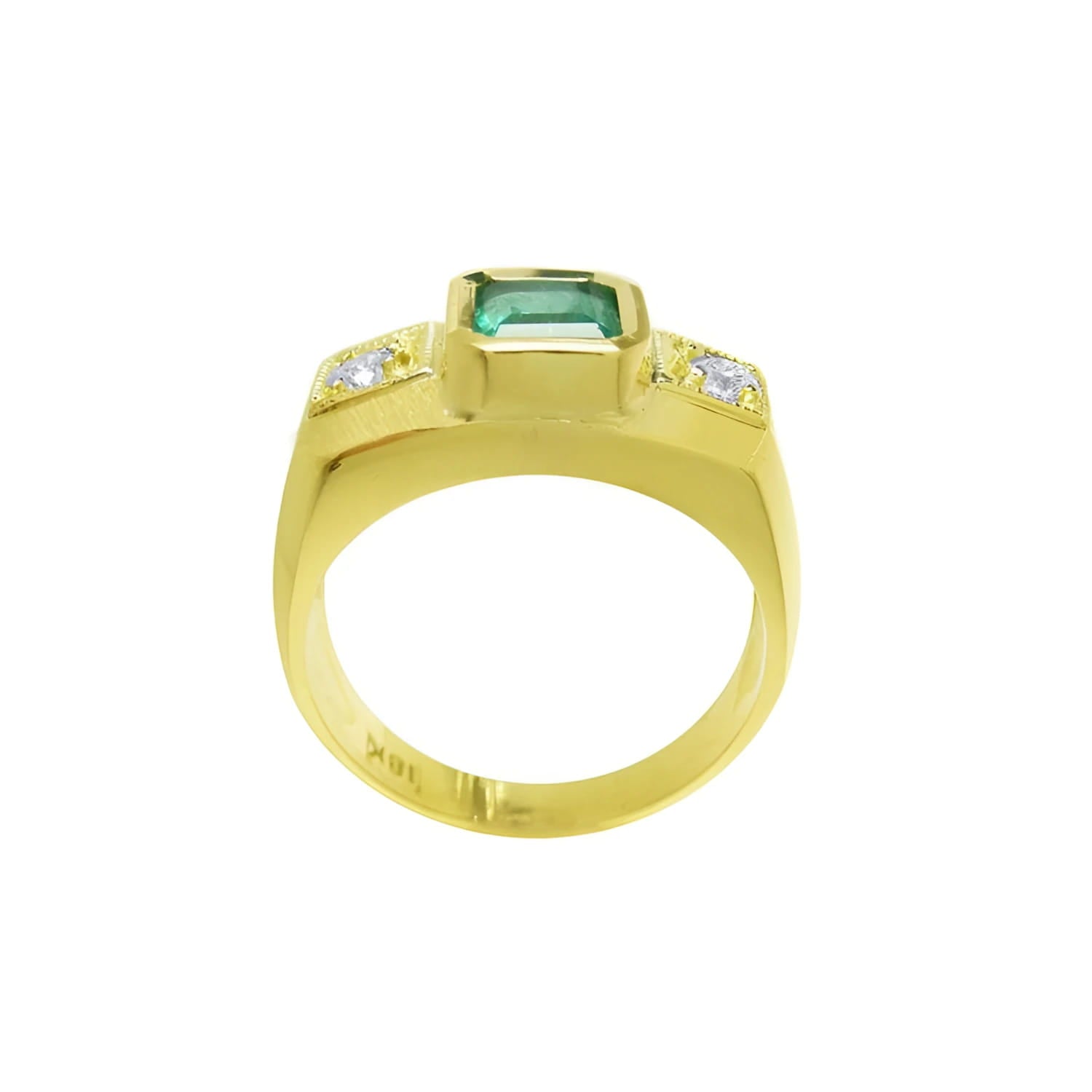 Men's 18K yellow gold ring with a rectangular green emerald and two accent diamonds.