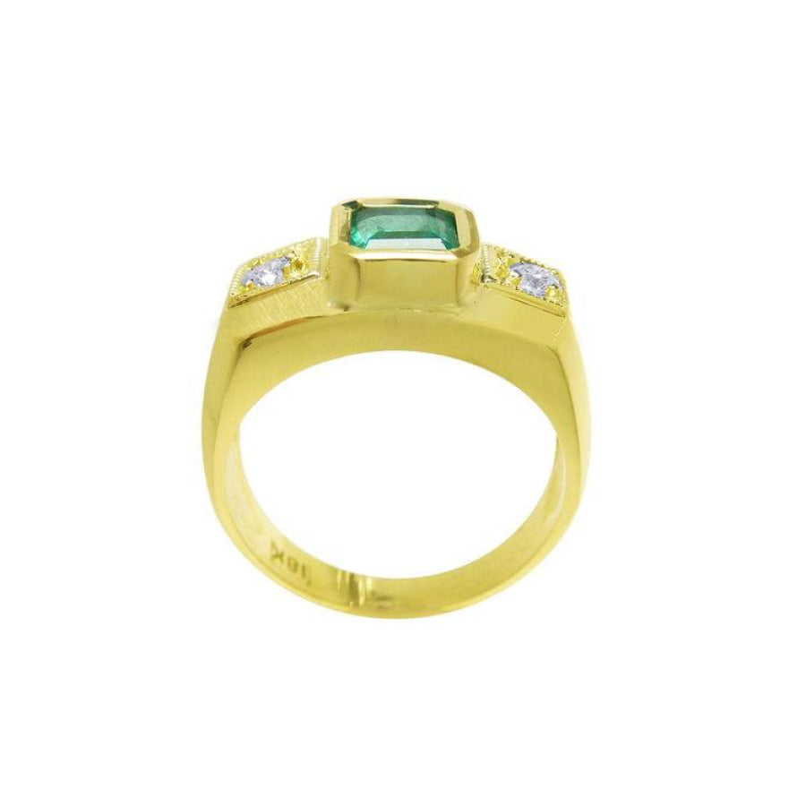 Men's 18K yellow gold ring with a rectangular green emerald and two accent diamonds.