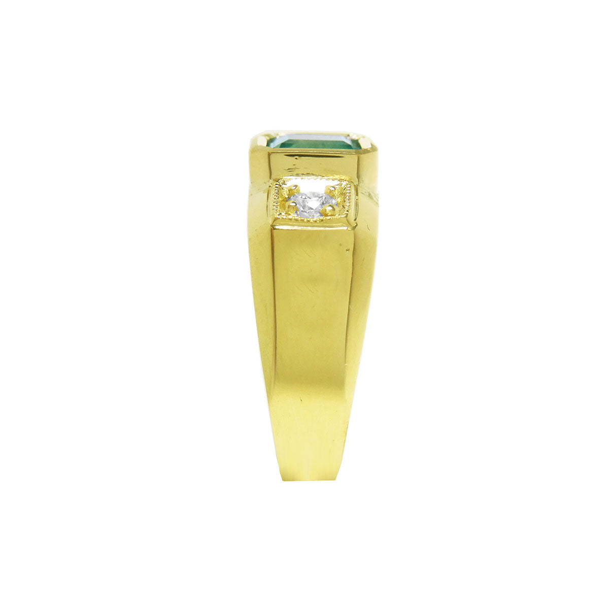 A yellow gold men&#39;s ring with a natural emerald on top and side view profile.