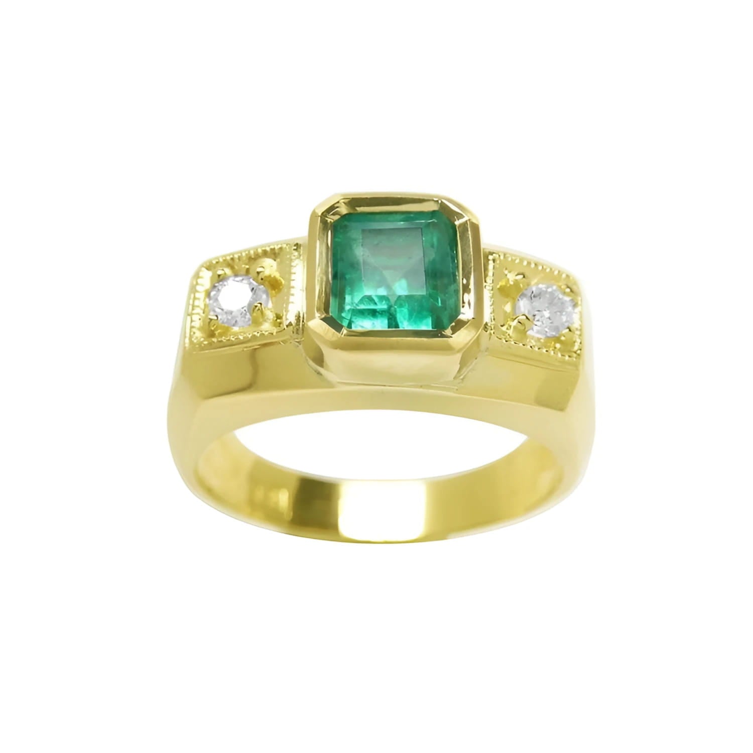 Men's 18K yellow gold ring with a rectangular emerald and two round accent diamonds.