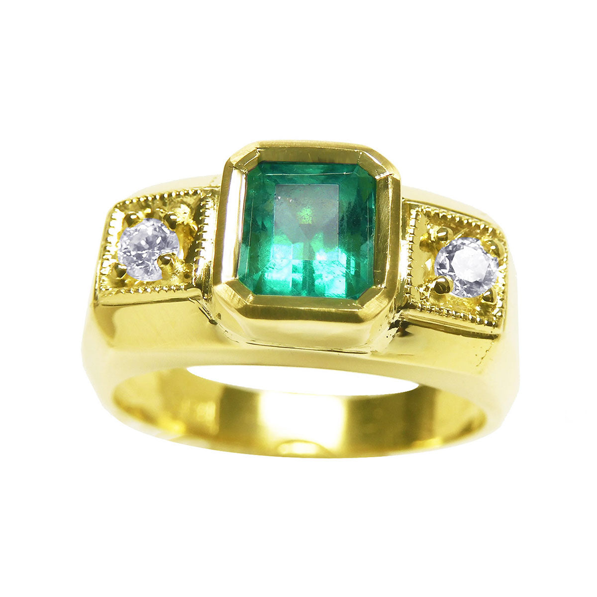 Gold ring for men with a natural emerald and two side diamonds on a topside view.