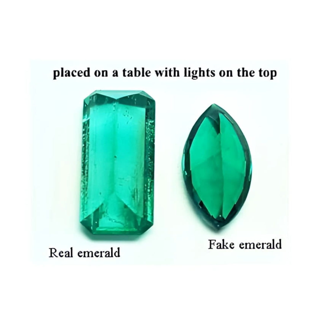 How can you tell which emerald is real or which is fake? The lights on the top show the difference between the crystals. A natural gem will never be perfect.