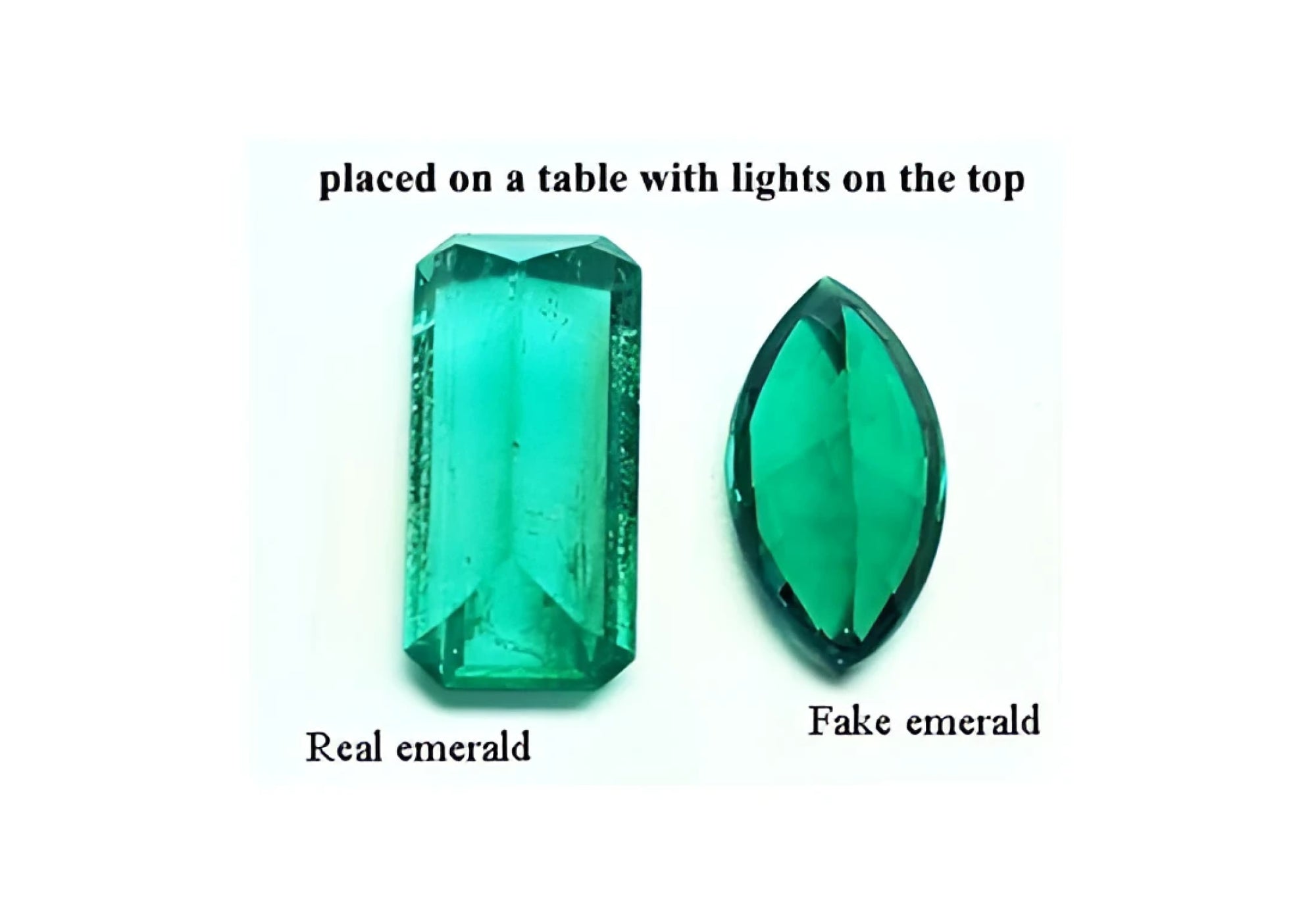 How can you tell which emerald is real or which is fake? The lights on the top show the difference between the crystals. A natural gem will never be perfect.