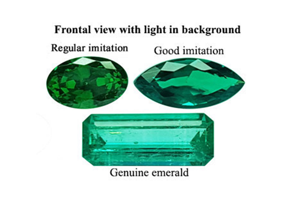 How to tell if an emerald is real: This photo of three emeralds is to illustrate the difference between real and fake, the first two on top are fake and the one at the bottom is real.