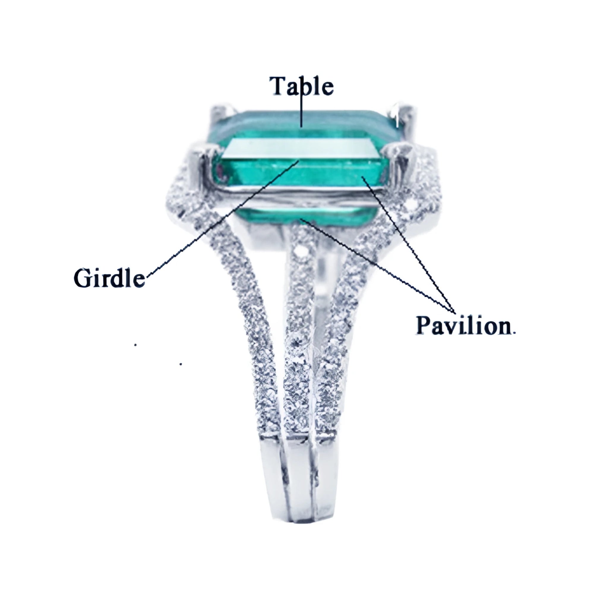 Explaining on a ring how to tell if the emerald is real or fake, displaying from the top to side down perspective with tags for a better understanding.