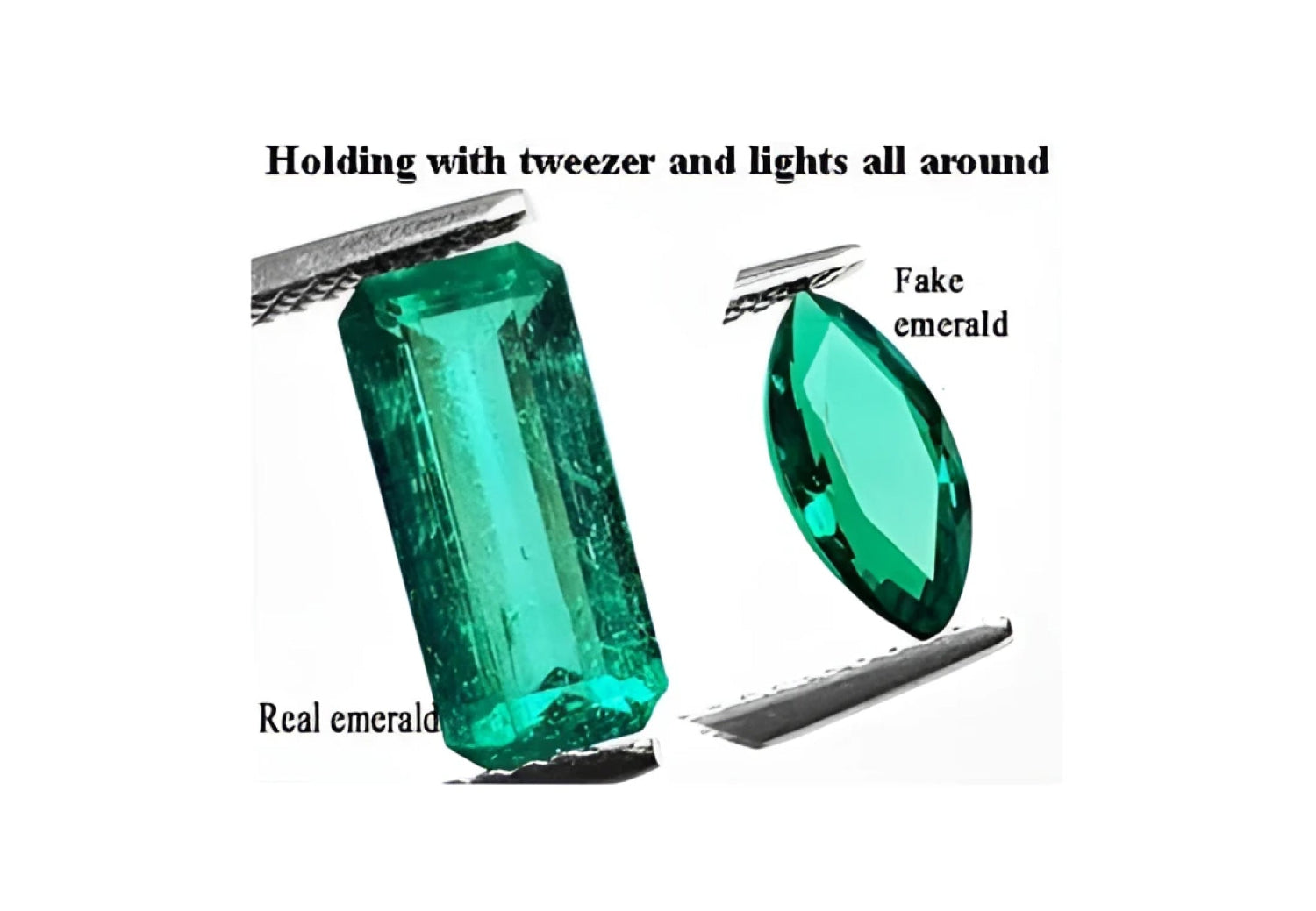 Real Versus man-made emeralds: This photo of two emeralds seen from the top with full lights around them, shows the difference in their natural or fake texture.