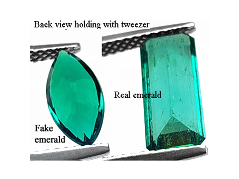 Natural emeralds VS lab grown emeralds: This image shows two emeralds viewed from the pavilion, with lights above. show the difference between the crystals. A natural gem will never be perfect.