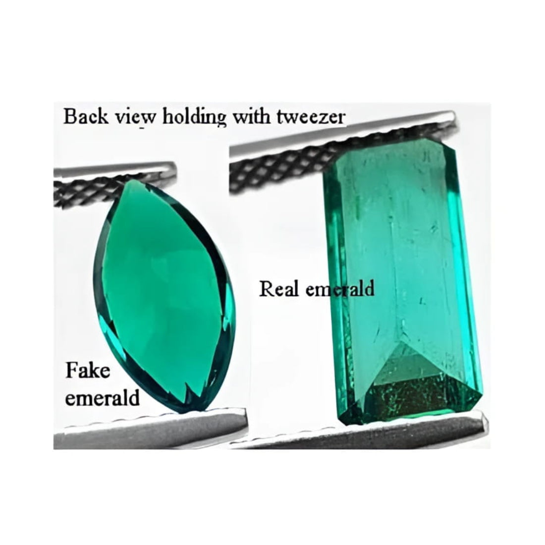 Natural emeralds VS lab grown emeralds: This image shows two emeralds viewed from the pavilion, with lights above. show the difference between the crystals. A natural gem will never be perfect.