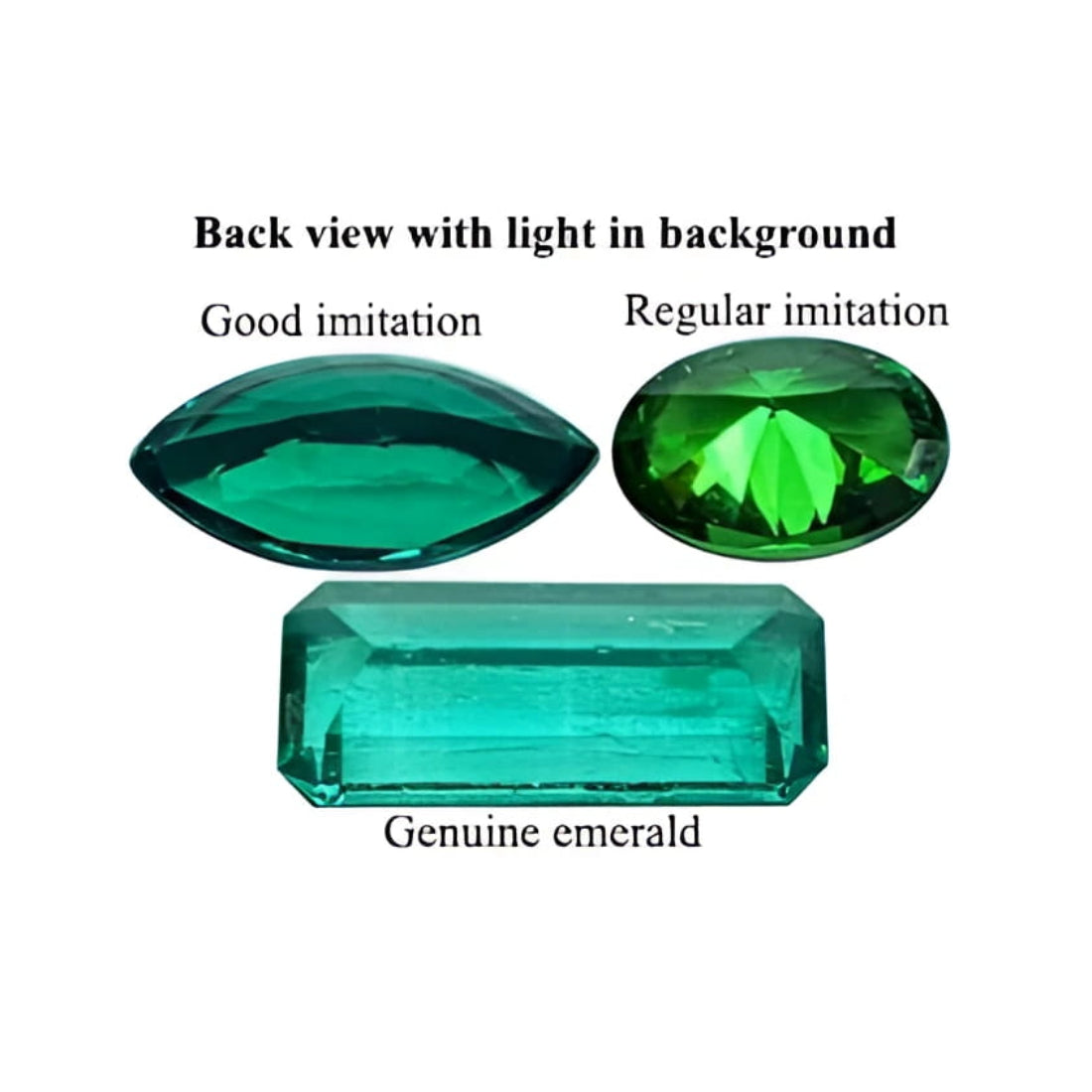 Real emeralds and man-made emeralds:  This photo of three upside-down stones shows more clearly the difference in their natural or fake texture.
