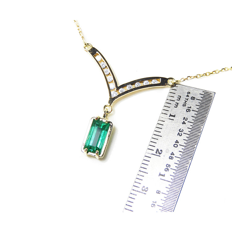 Baguette cut 1.17 ct. Genuine Colombian Emerald Necklace 14K Yellow Gold