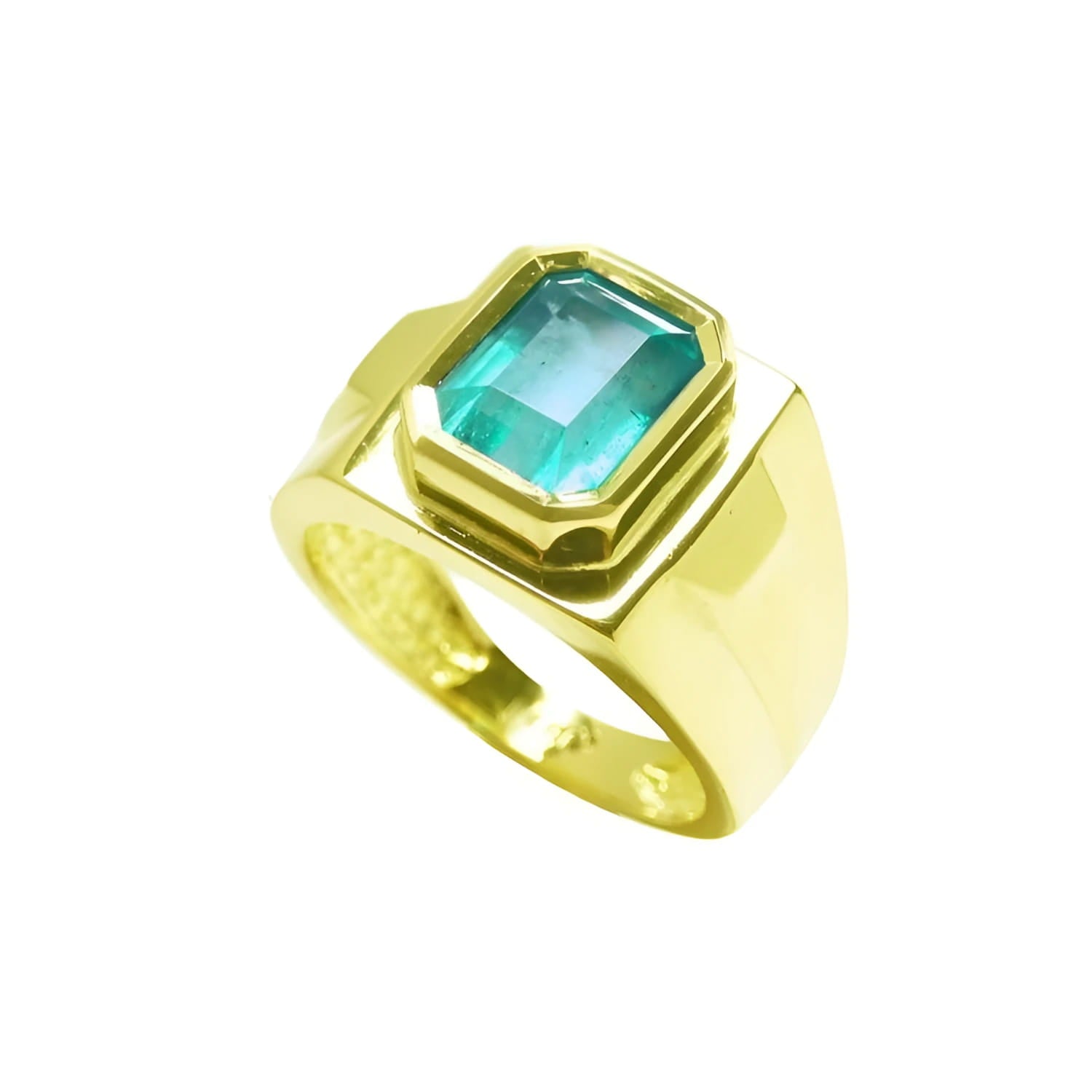 Men's 18K yellow gold solitaire ring with a rectangular Colombian emerald in a full bezel setting.