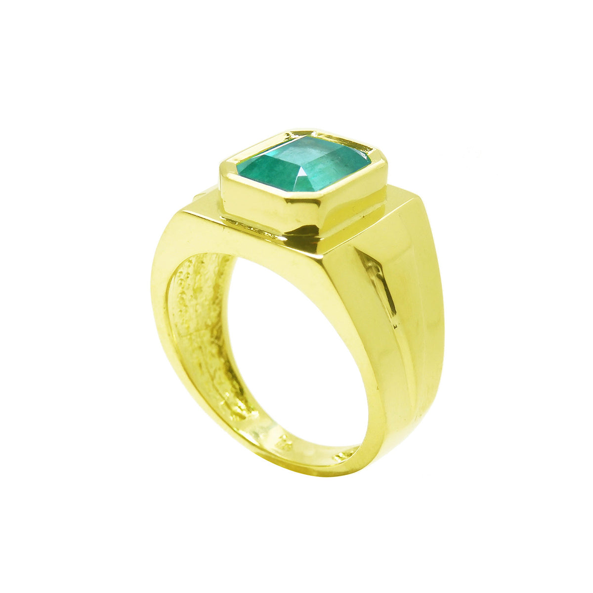 Gold ring with a natural colombian  emerald gemstone on a half side position, top and side profile view.