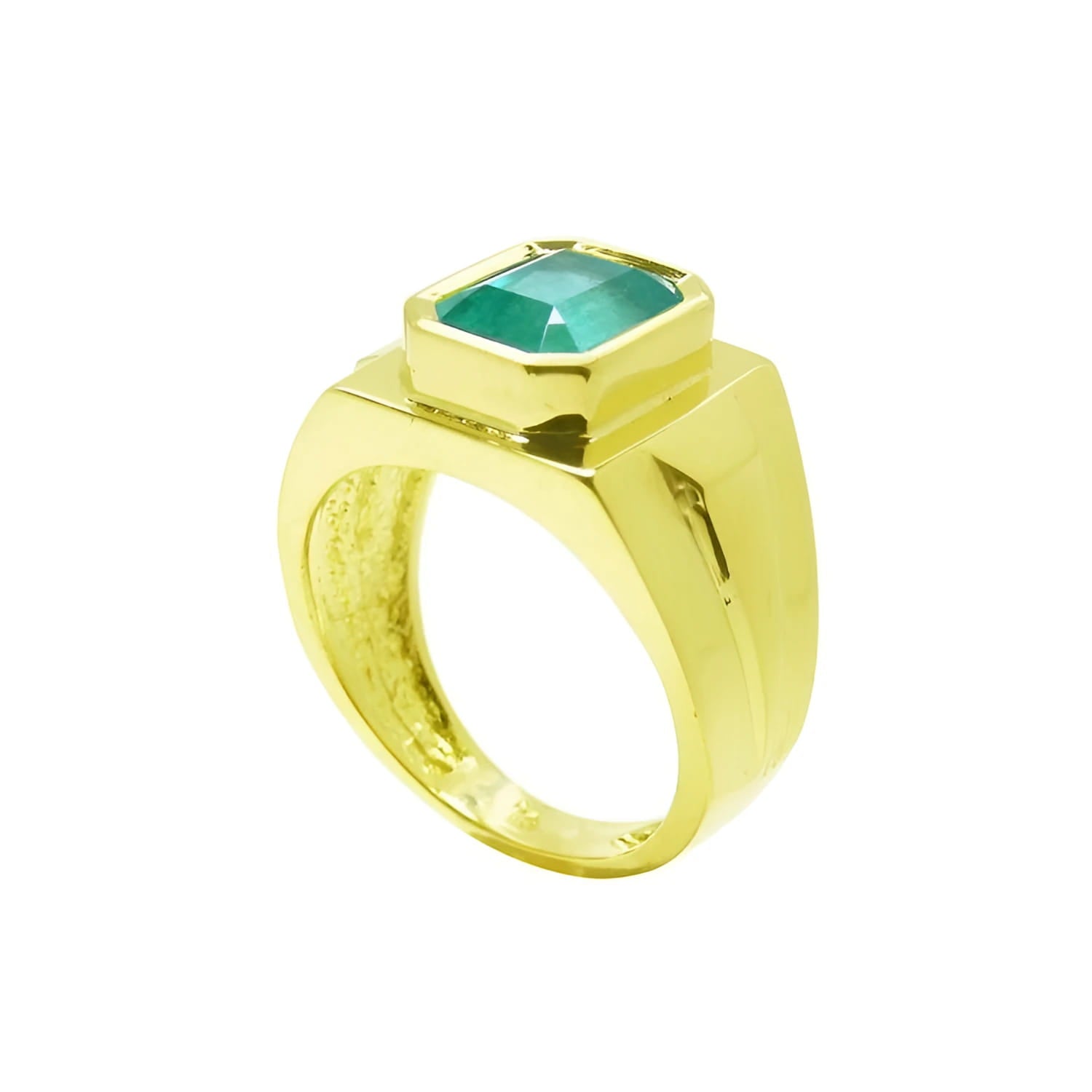 Men's 18K yellow gold ring with a rectangular emerald-cut Colombian emerald in a full bezel setting.