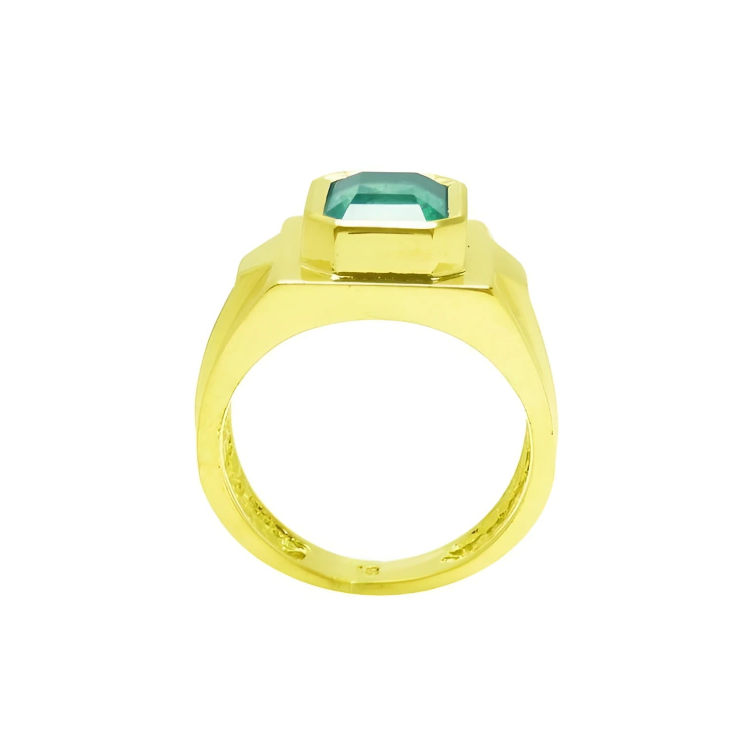 Men's 18K yellow gold ring with a rectangular Colombian emerald in a full bezel setting.