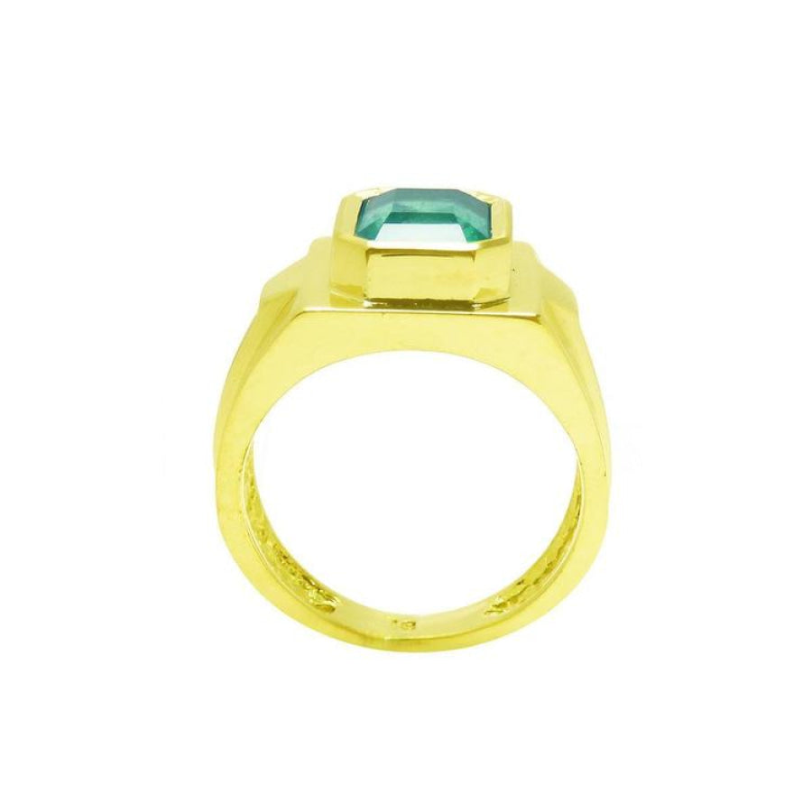 Men's 18K yellow gold ring with a rectangular Colombian emerald in a full bezel setting.