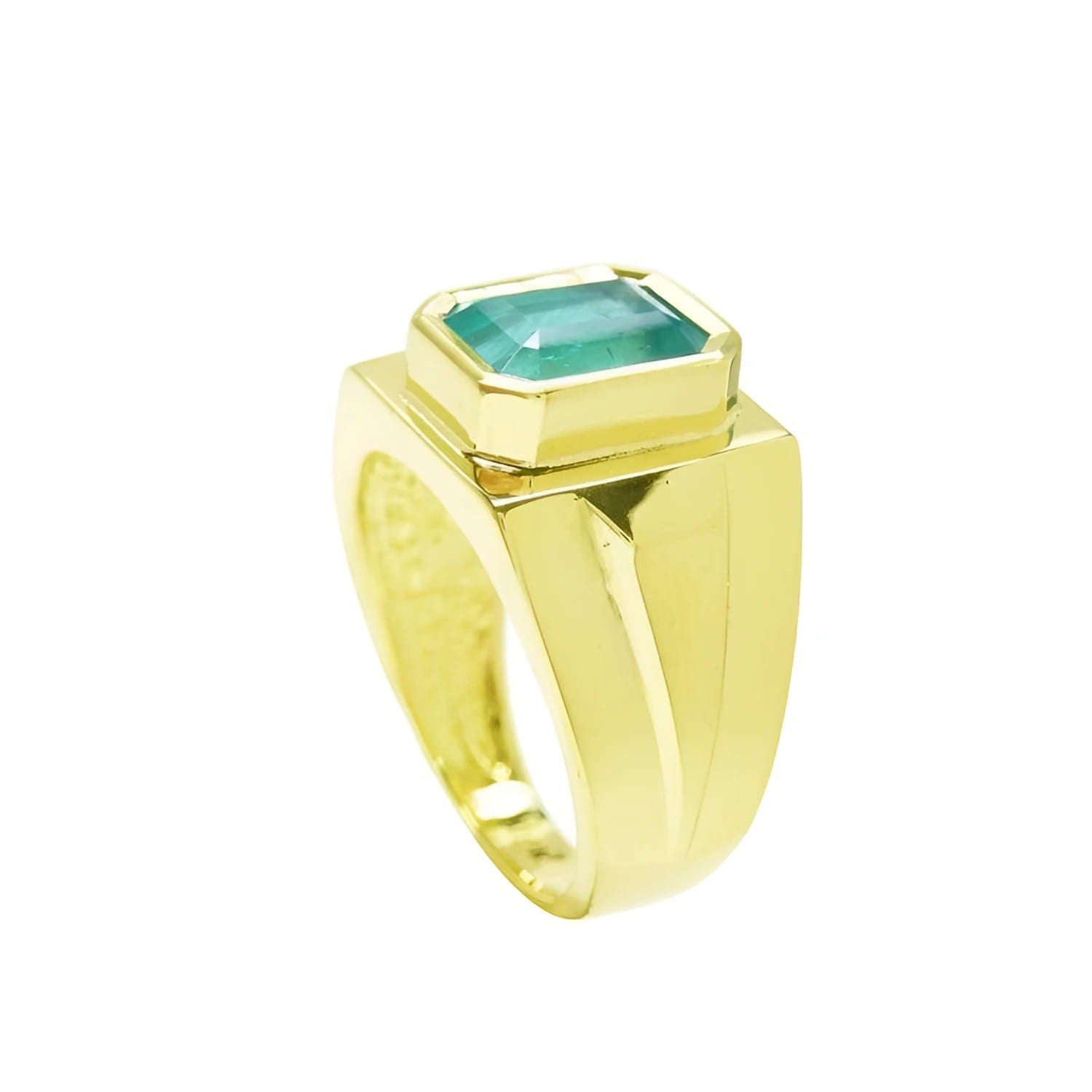 Men's 18K yellow gold solitaire ring with a rectangular Colombian emerald in a full bezel setting.