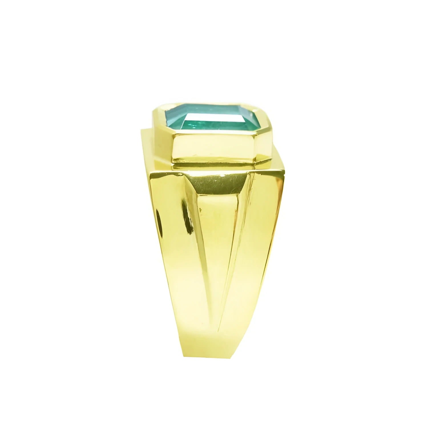 Men's 18K yellow gold ring with a rectangular Colombian emerald in a full bezel setting.