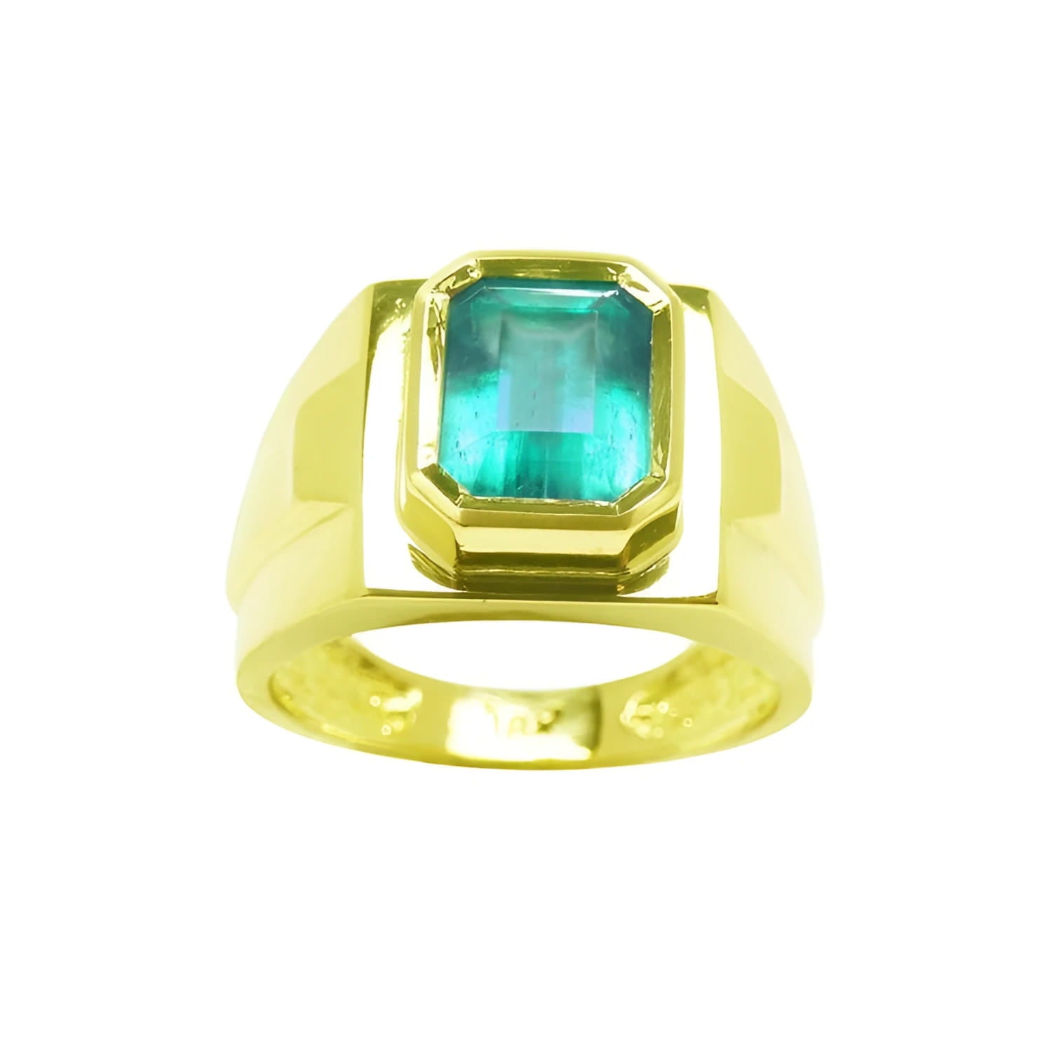 Men's 18K yellow gold ring with a rectangular Colombian emerald in a full bezel setting.