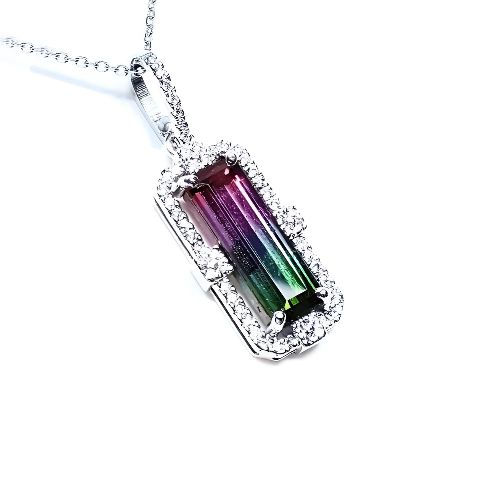 3.50 ct. watermelon tourmaline pendant with diamond halo in 18K white gold.