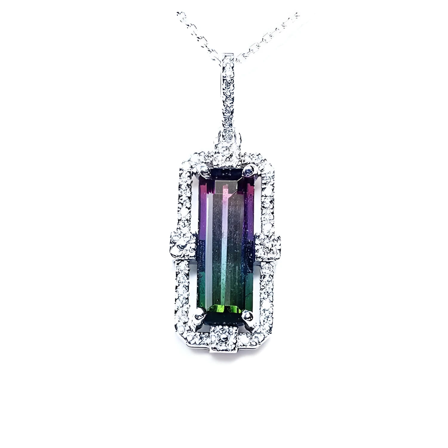 Watermelon tourmaline pendant with diamond halo on an 18K white gold chain.