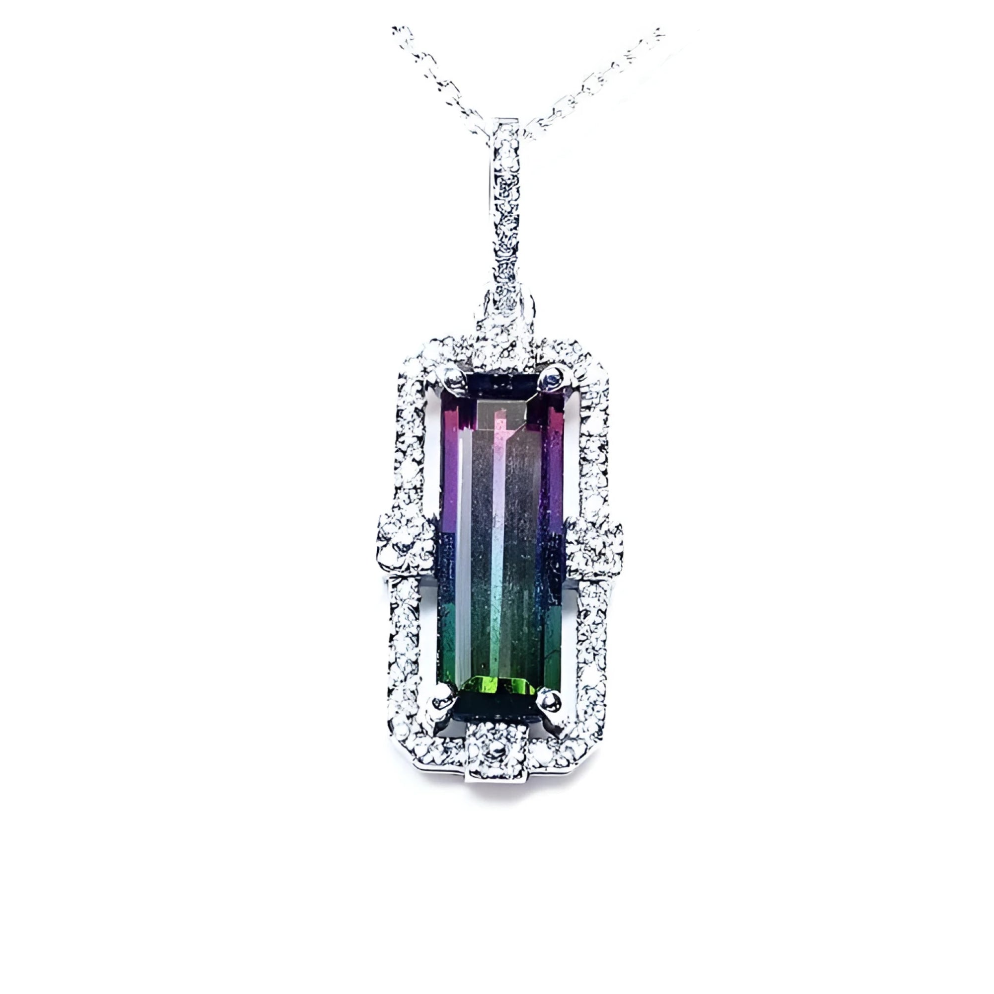 Watermelon tourmaline pendant with diamond halo on an 18K white gold chain.