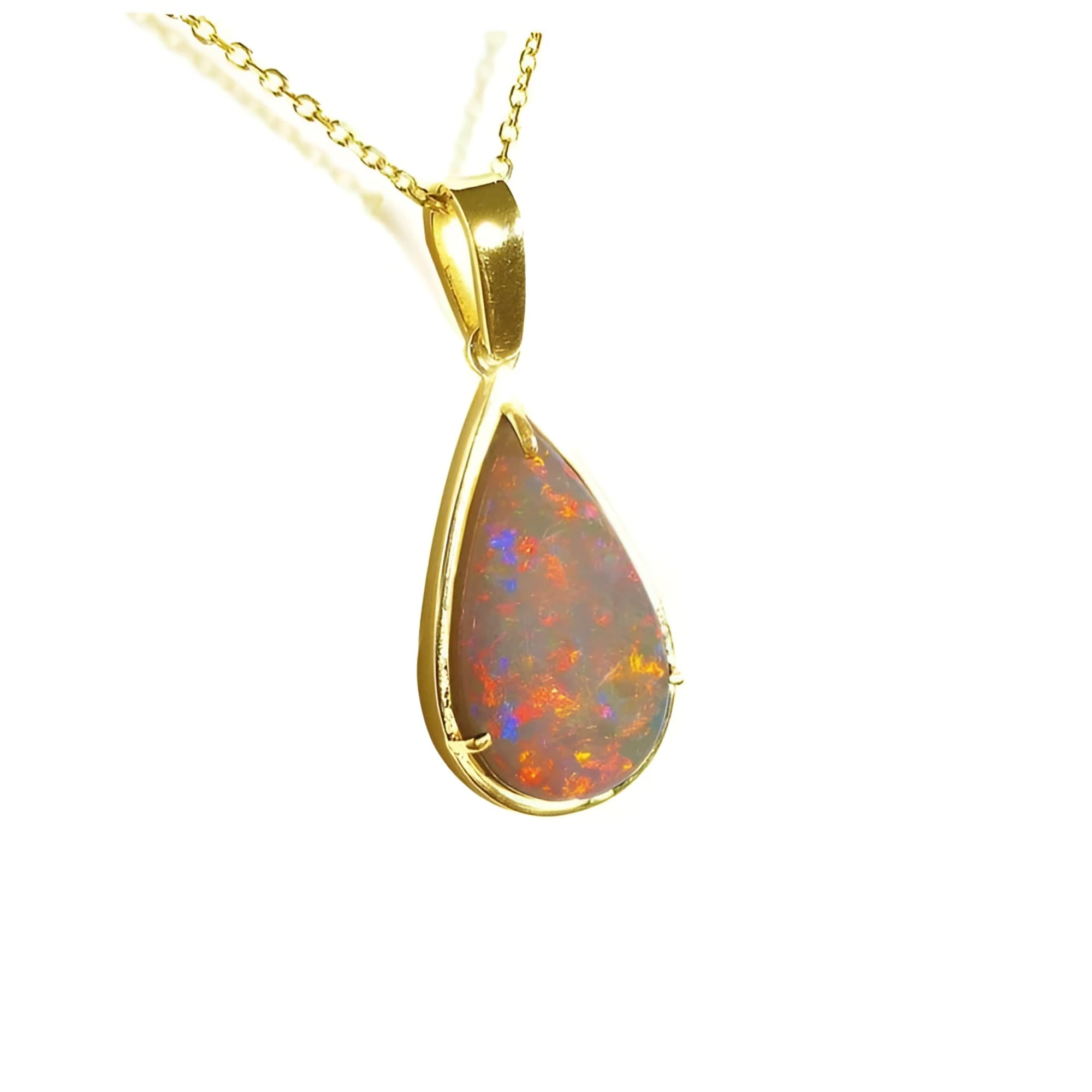 Pear-shaped Australian opal pendant with fiery red/orange hues in 14k yellow gold setting and chain.