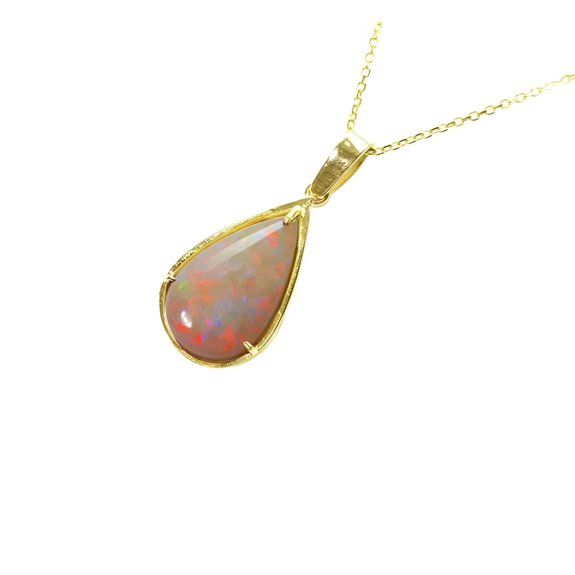 Pear-shaped Australian opal pendant with fiery red/orange hues, set in 14k yellow gold on a delicate chain.