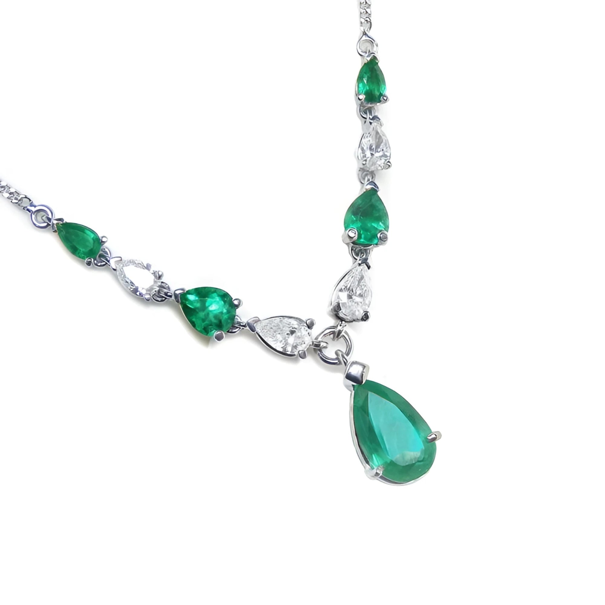 Natural Emerald necklace and diamonds pear shaped in 14k white gold individual settings