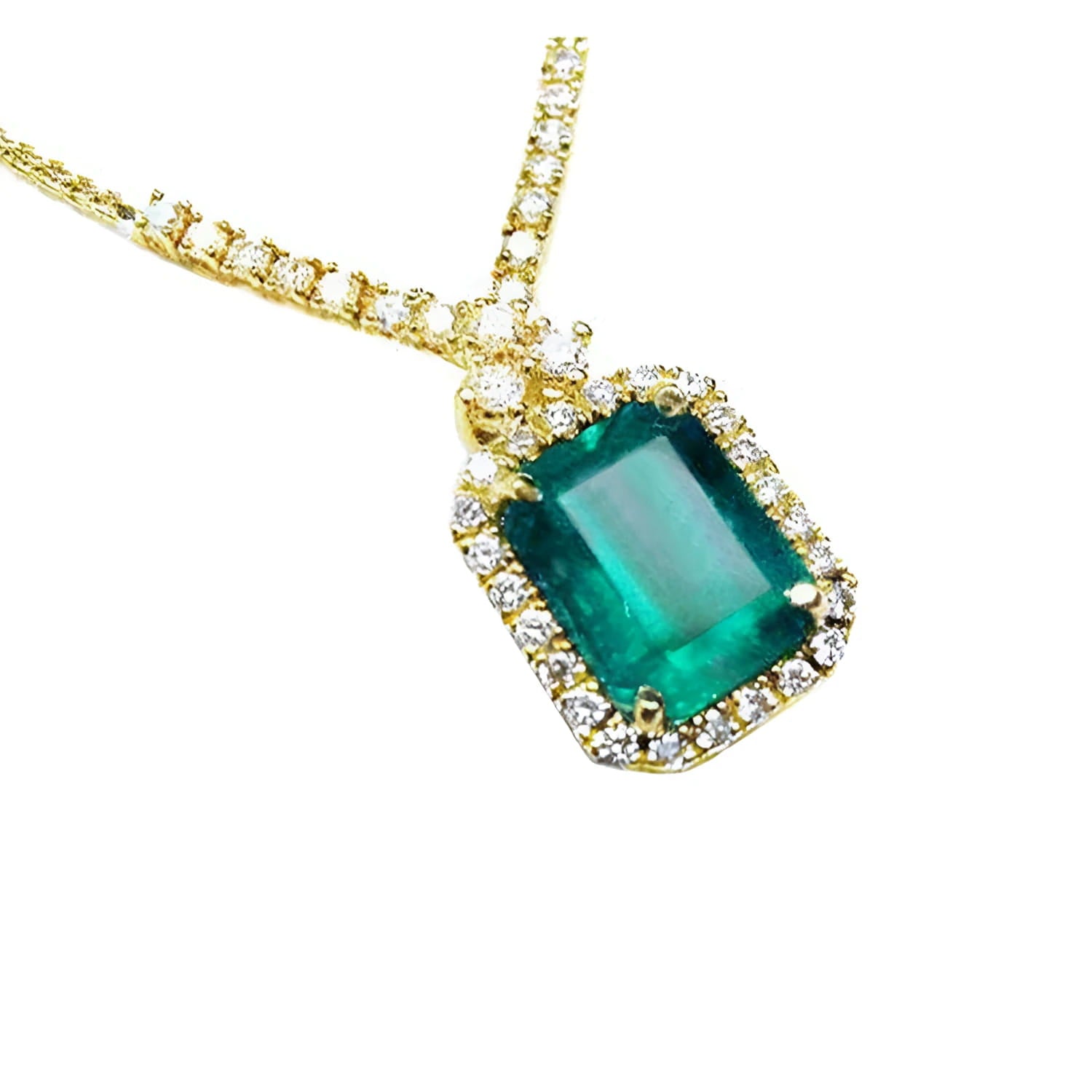 Women's emerald necklace emerald-cut natural deep green bluish color, encircled by a halo diamond high quality