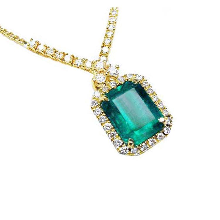 Women's emerald necklace emerald-cut natural deep green bluish color, encircled by a halo diamond high quality
