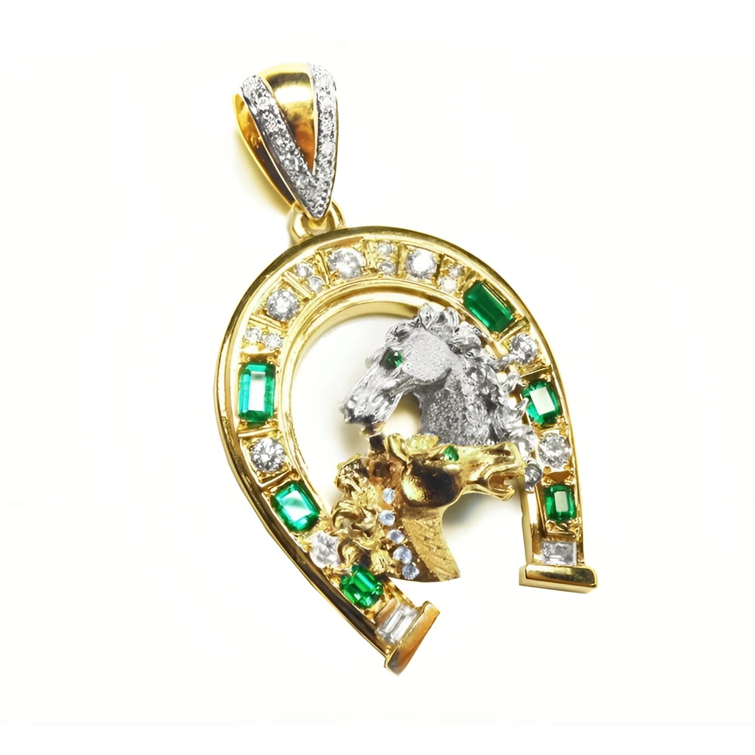 Equestrian jewelry natural emerald horseshoe pendant and natural diamonds crafted in 18k yellow gold
