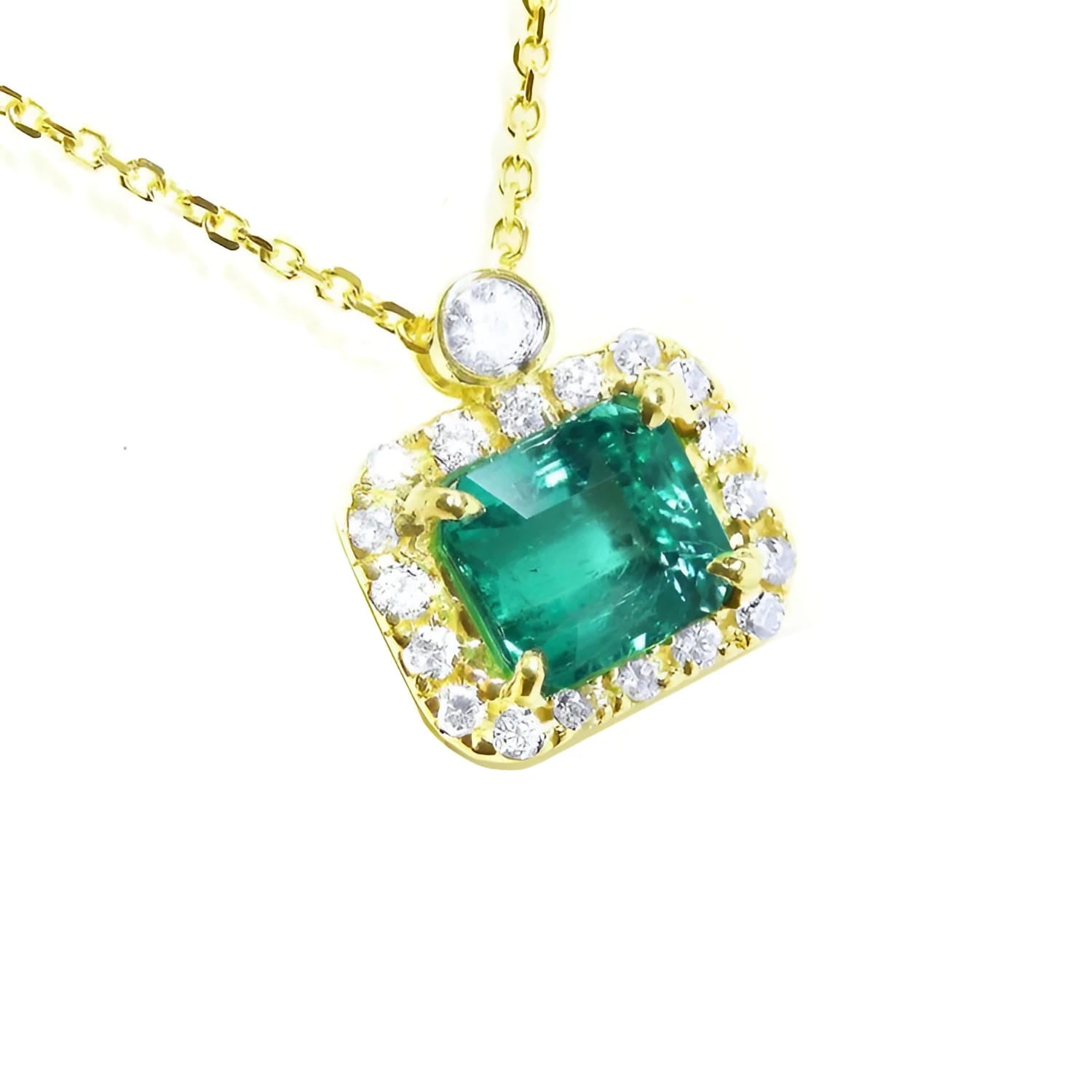 Emerald necklace east west orientation encircled in a halo of natural diamonds, crafted in 14k yellow gold