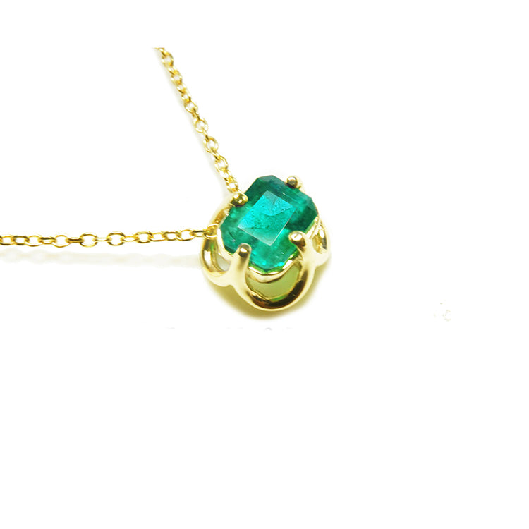 May's birthstone necklace with natural emerald square emeral-cut from Muzo Colombian mines prong set in 14k yellow gold